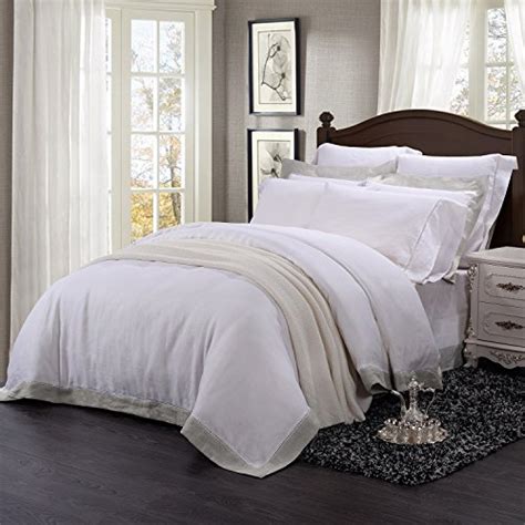 SIMPLEOPULENCE 100% Stone Washed Pure Linen Duvet Cover Set, 3Pcs Soft Breathable Durable Farmhouse Bedding with Button Closure Lace Border -Queen Size-1 Comforter Cover and 2 Pillowcases
